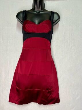Y2K BCBG Max Azria Silk Mini Dress Red Black Bubble Hem Cocktail Dress NWT 6